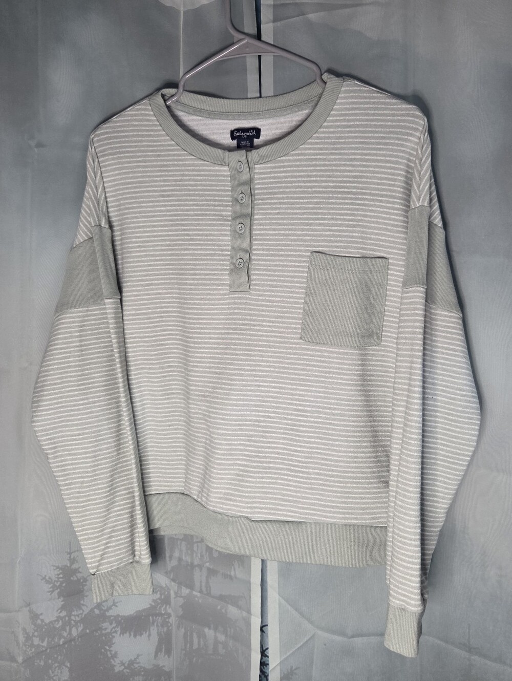 Splendid Light Green and White Striped Long Sleeve Henley Tee